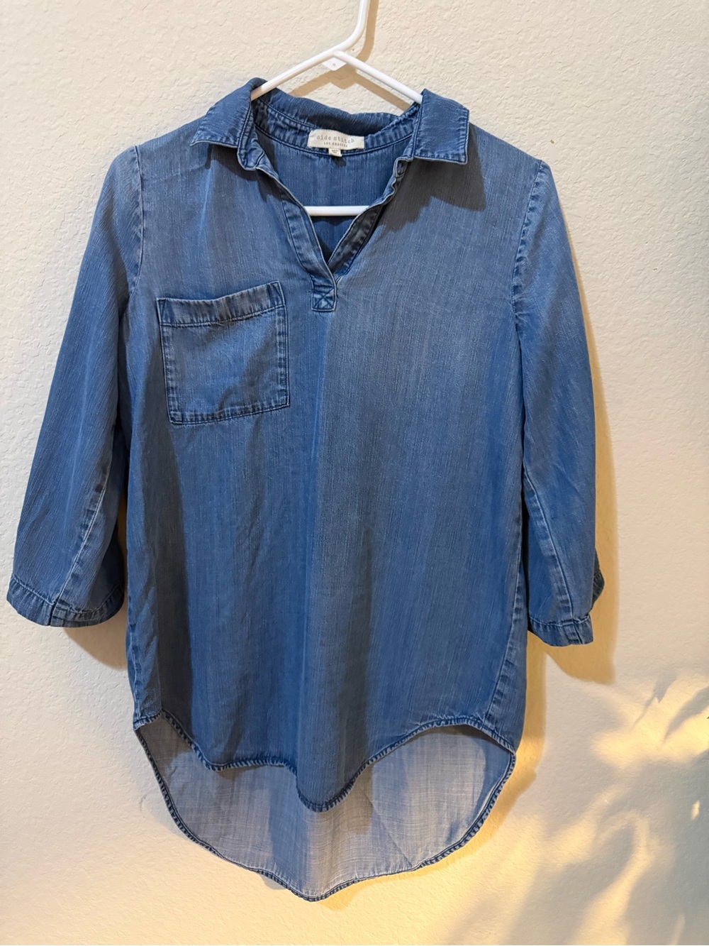 Side Stitch Chambray Tunic Top - Blue
